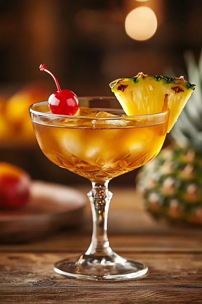 A golden cocktail, possibly a Mai Tai, is presented in a stemmed coupe glass.  Ice cubes are visible within the amber liquid.  A maraschino cherry and a wedge of fresh pineapple garnish the drink. The glass sits on a rustic wooden surface, with blurred background elements suggesting a dimly lit bar or restaurant setting.  The overall ambiance is sophisticated and inviting.