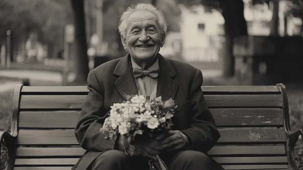 Here's a description of the image:

A black and white photograph shows a smiling elderly gentleman sitting on a park bench.  He's dressed in a suit and bow tie, holding a bouquet of flowers in his lap. His expression is one of contentment and gentle joy.  The background is softly blurred, suggesting a peaceful park setting. The overall mood is serene and evokes a sense of warmth and nostalgia.