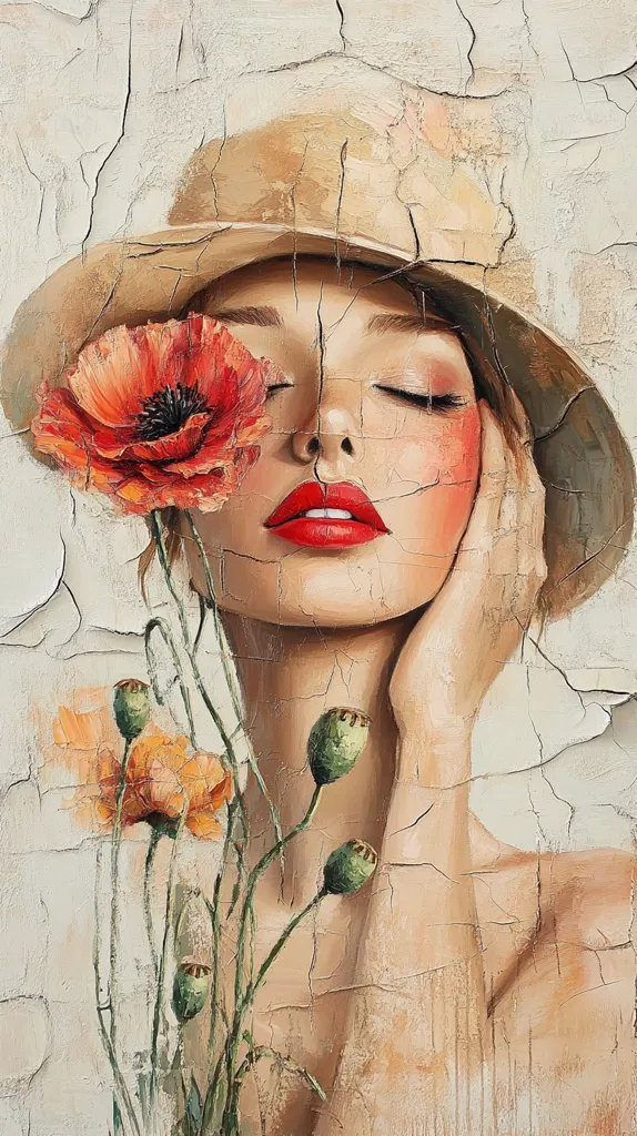 Here's a description of the image:

The painting portrays a serene woman with her eyes closed, wearing a wide-brimmed hat.  A vibrant red poppy rests against her face, partially obscuring her closed eyes.  The woman's hand gently touches her cheek, conveying a sense of peace.  Other smaller, orange poppies and seed pods are subtly included, extending from the main flower, creating a delicate floral arrangement against her skin. The style is realistic with visible brushstrokes and a textured background mimicking cracked paint, adding depth and visual interest. The overall mood is one of calm beauty and gentle femininity.