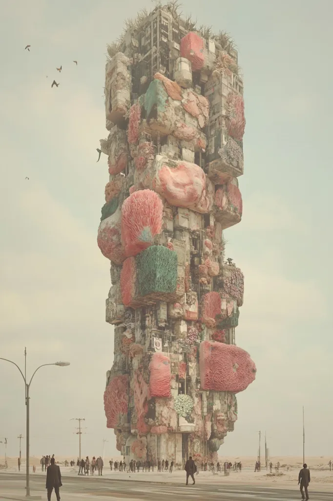 A surreal, towering structure dominates a desolate landscape.  It's composed of a chaotic jumble of cubic forms, adorned with textured, organic growths resembling coral or overgrown vegetation in muted pinks, greens, and grays.  Small figures are scattered in the foreground, dwarfed by the immense, oddly beautiful edifice, which seems both decaying and strangely alive. The sky is a hazy, pale gray, enhancing the surreal and slightly melancholic atmosphere.  The overall aesthetic is dreamlike and post-apocalyptic.