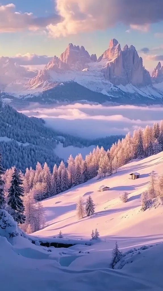A breathtaking winter landscape unfolds, showcasing snow-covered mountains under a soft, pastel sky.  Jagged peaks rise majestically in the distance, partially veiled in a delicate layer of morning mist.  In the foreground, snow-laden evergreen trees line a gently sloping hillside, leading to two small, isolated cabins. The scene evokes a sense of serene, untouched beauty, characteristic of a remote alpine region.  The soft light suggests either sunrise or sunset, casting a magical glow over the entire scene.
