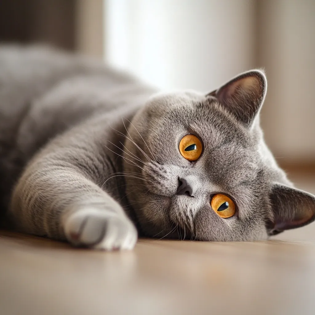 Here's a description of the image:

A grey British Shorthair cat lies on a light brown wooden floor, its body stretched out, and head resting on the surface.  Its large, round, bright orange eyes are captivating, and it appears relaxed and content.  The cat's thick, plush fur is clearly visible, and its paws are neatly tucked beneath its body. The background is softly blurred, drawing focus to the cat. The overall impression is one of calm domestic tranquility.