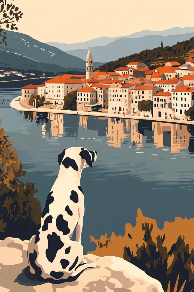 Here's a description of the image:

A Dalmatian sits perched on a rocky outcrop, gazing across a calm body of water at a picturesque town nestled amongst rolling hills. The town is a collection of terracotta-roofed buildings, with a tall bell tower as a prominent feature.  The water reflects the town and sky, creating a serene and idyllic scene. The style is reminiscent of vintage travel posters, using muted, warm colors and simple lines to create a charming and nostalgic atmosphere. The dog's position adds a sense of peaceful contemplation to the scene.