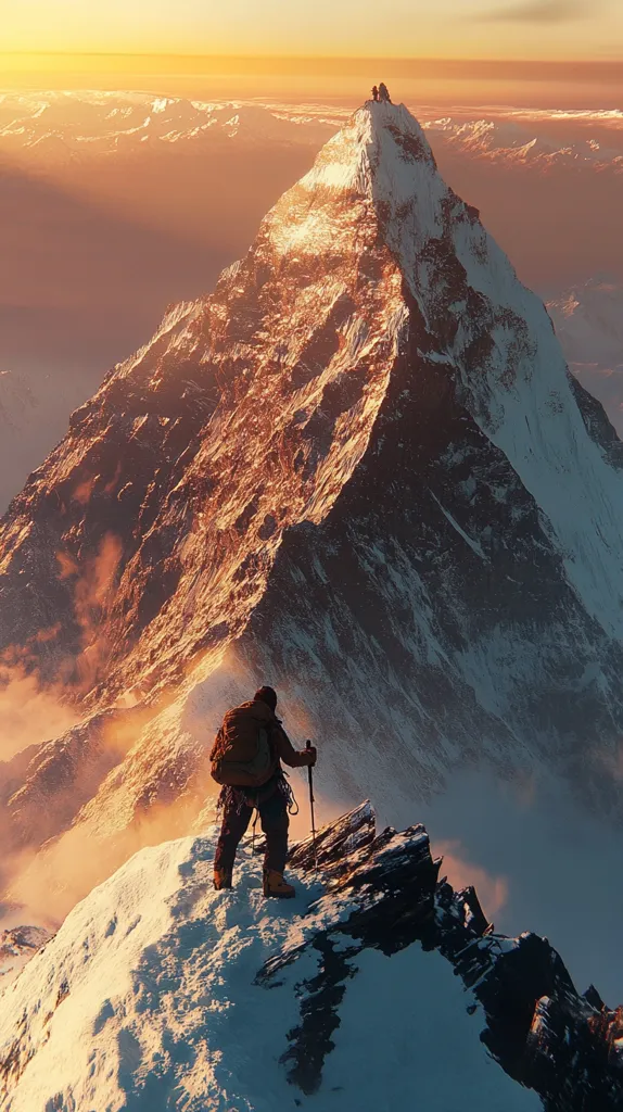 A lone mountaineer stands on a snow-capped peak, silhouetted against the warm glow of a setting sun.  The majestic mountain rises sharply, its rugged, rocky face partially obscured by snow.  In the distance, other climbers are visible on the summit, a tiny speck against the vastness of the landscape.  The scene evokes a sense of awe and accomplishment, capturing the breathtaking beauty and challenge of high-altitude mountaineering.  A sense of solitude and the scale of nature is powerfully conveyed.