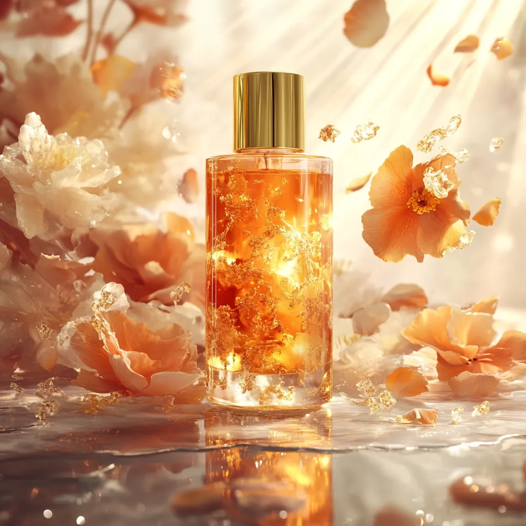 Here's a description of the image:

A luxurious perfume bottle, with a golden cap and amber liquid, is the centerpiece of the image.  The liquid appears to contain flecks of gold, adding to its opulent feel.  The bottle rests on a reflective surface, surrounded by delicate, peach-colored flower petals and small, glittering particles that seem to be floating in the air, creating a sense of ethereal beauty and movement. Soft, sunlit lighting enhances the warm, golden tones of the scene. The overall aesthetic is one of elegance and high-end luxury.