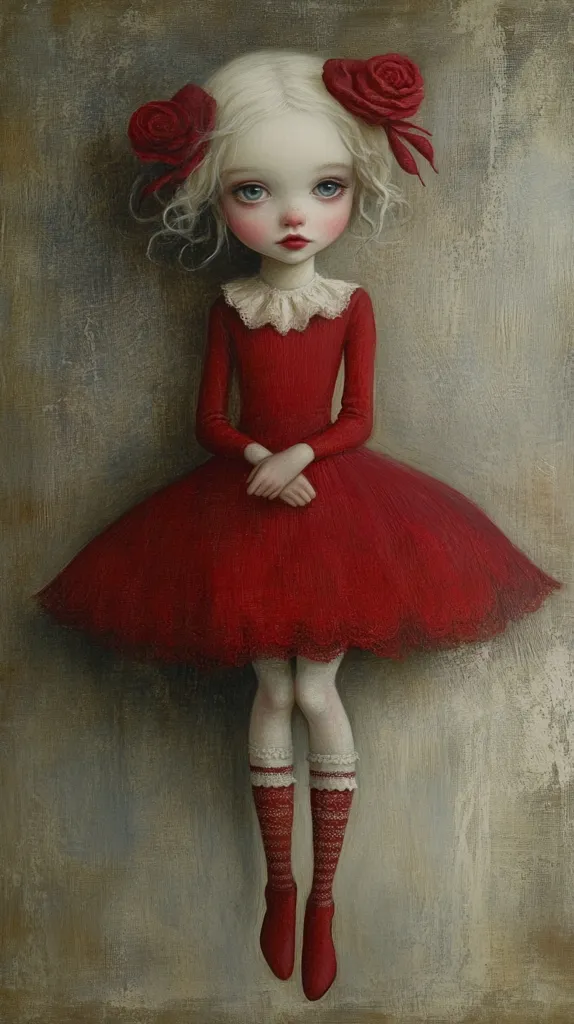 A painting depicts a porcelain-like girl with blonde hair adorned with red roses.  She wears a crimson dress with a white lace collar and matching red patterned socks and shoes. Her expression is serene, yet slightly melancholic, her hands clasped in her lap. The muted background, textured like aged canvas, enhances the doll-like quality of the subject. The overall style suggests a blend of classical portraiture and whimsical fantasy art.