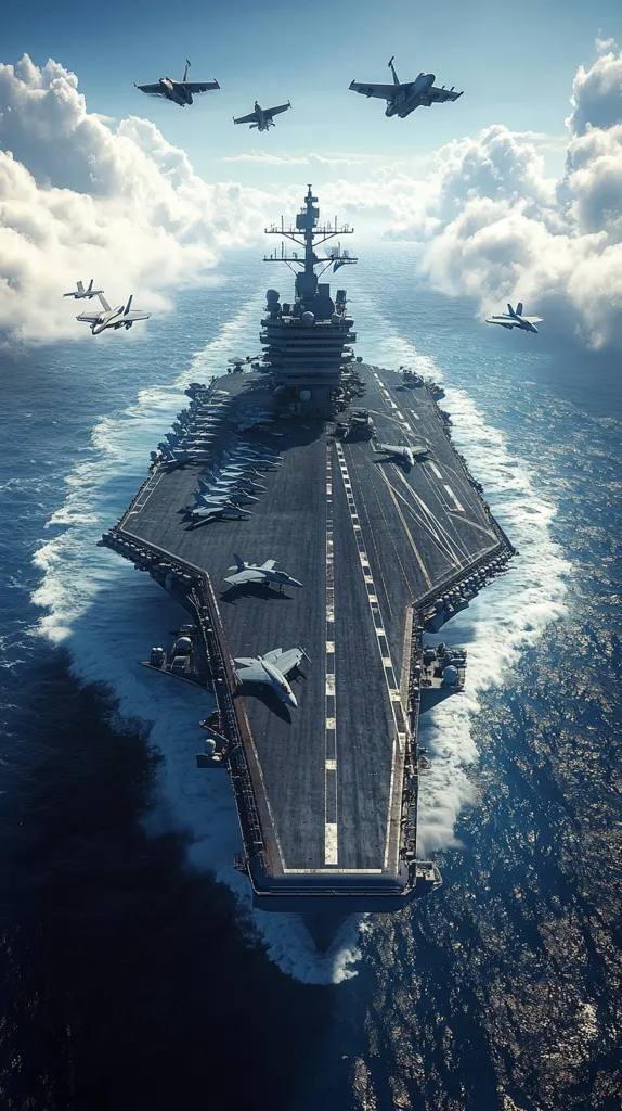 Here's a description of the image:

An aerial, high-angle view showcases a large aircraft carrier sailing on a deep blue ocean under a partly cloudy sky.  Several fighter jets are positioned around the carrier, some in flight, others parked on the deck.  The carrier dominates the image, its deck a vast expanse of gray, marked with the lines of its runways. The scene conveys a powerful image of naval might and air superiority. The water creates a frothy wake behind the ship, emphasizing its movement.  The overall tone is one of strength and preparedness.