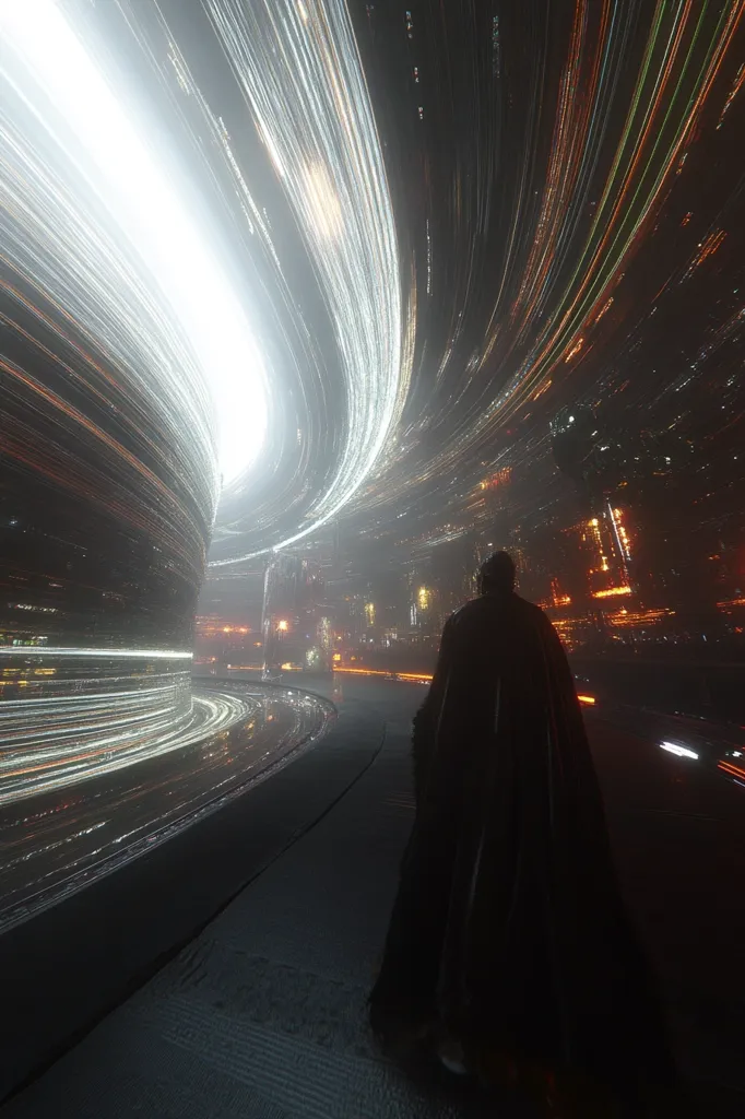 A lone figure, cloaked in black, stands on a futuristic roadway.  The road curves through a colossal, swirling tunnel of light streaks, a mesmerizing vortex of white and orange energy.  In the distance, a city glows with warm, amber lights, contrasting with the cool, luminous tunnel. The scene evokes a sense of mystery and journey, a solitary traveler in a technologically advanced, possibly otherworldly environment.