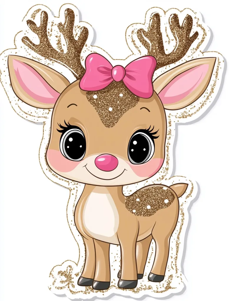 Here's a description of the image:

The image is a cute cartoon illustration of a female reindeer.  The reindeer is light brown with large, expressive eyes and a pink nose.  It has gold glitter accents on its antlers, body, and hooves. A pink bow is tied neatly atop its head. The style is reminiscent of children's illustrations or stickers, with a whimsical and charming aesthetic. The reindeer stands on a white background with a subtle glittery border around the edges of the illustration.