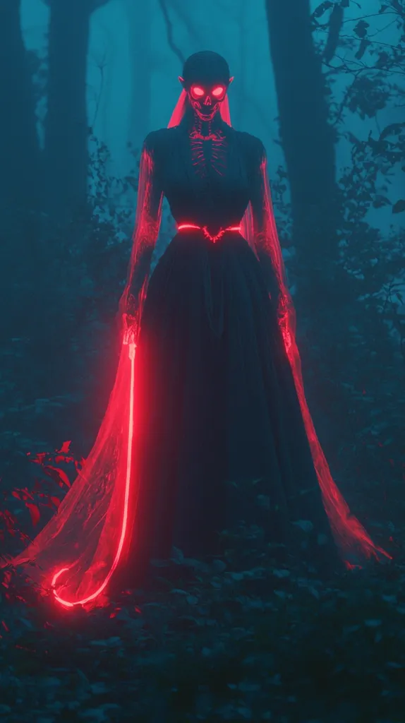 A skeletal figure, seemingly female, stands in a dark forest. She wears a long, black gown and a translucent veil, both glowing with red light.  Her eyes are also red and luminescent. She holds a glowing red whip or cord.  The scene is dark and mysterious, with a teal-blue atmospheric fog pervading the forest.  The overall effect is eerie and otherworldly.