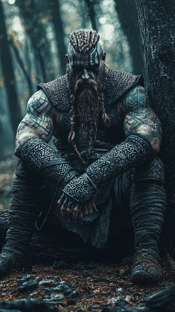 A powerfully built, tattooed Viking warrior sits pensively in a dark forest.  His long braided beard and intricately patterned chainmail and arm guards are visible.  Facial paint adds to his fierce appearance. He sits with his hands clasped, appearing weary but resolute, leaning against a tree trunk. The overall atmosphere is somber and evocative of a historical or fantasy setting. The image is sharply focused on the warrior, with the background blurred to enhance the mood.