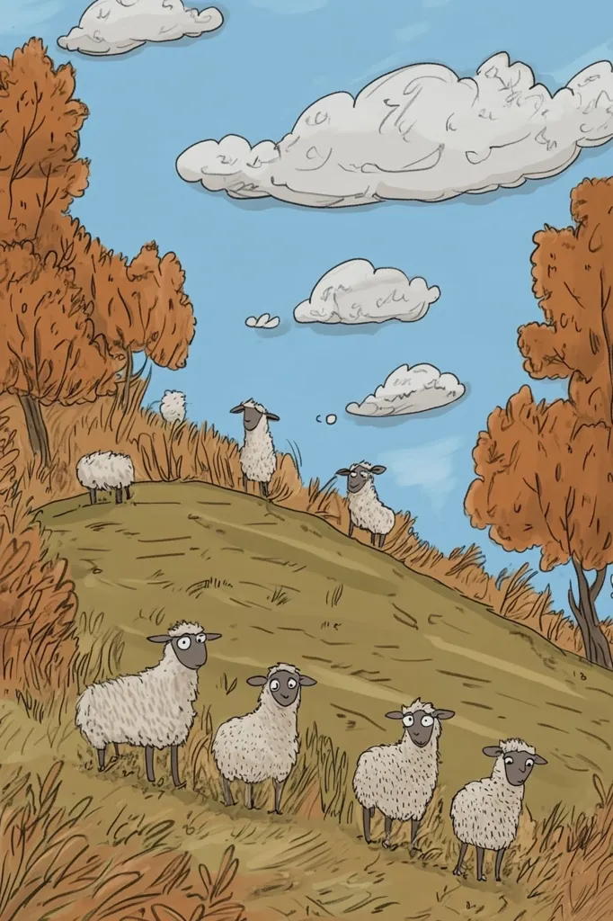 A whimsical illustration depicts a hillside scene in autumn.  Several cartoon sheep, each with slightly different expressions, amble across a gently sloping hill.  The hill is covered in dry, brown grass, and the background features autumnal trees with orange and brown leaves under a partly cloudy sky.  The overall style is lighthearted and childlike.