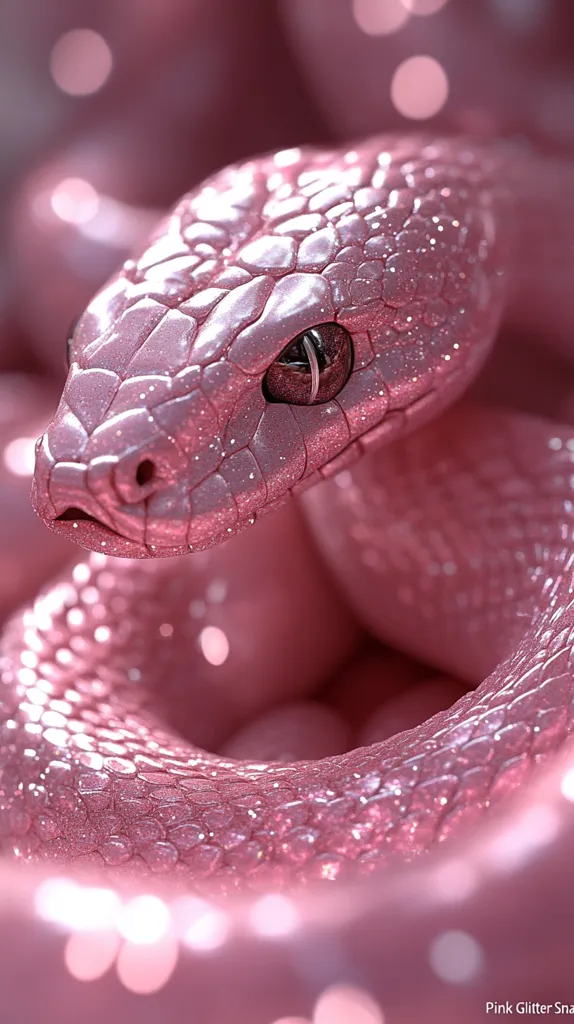 Here's a description of the image:

Close-up view of a pink, glitter-covered snake.  The snake's scales shimmer, reflecting light. Its head is in sharp focus, showcasing its eye and textured scales.  The body coils around itself, creating a soft, rounded form. The background is blurred, but maintains the pink hue, focusing attention on the snake's detailed texture and vibrant color. The overall aesthetic is surreal and glamorous.  A watermark, "Pink Glitter Sna," is visible in the bottom right corner.