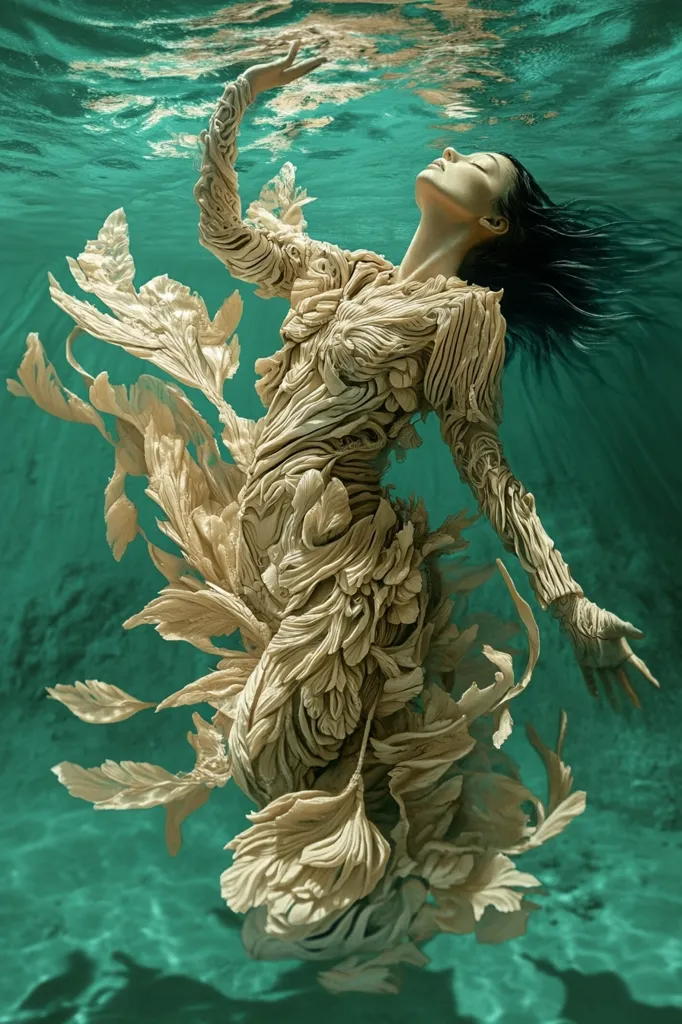 Here's a description of the image:

The image is a striking underwater photograph or digital art piece depicting a woman in a flowing, ornate gown. The gown appears sculpted from a light beige, almost bone-colored material, intricately designed with leaf-like and floral patterns that create a three-dimensional, almost organic texture.  Her long dark hair streams behind her as she floats gracefully, head tilted back, suggesting tranquility or surrender to the water's embrace. The teal-green water surrounding her is luminous, enhancing the ethereal quality of the scene. The overall effect is a captivating blend of fantasy and realism, evoking a sense of mystery and beauty.