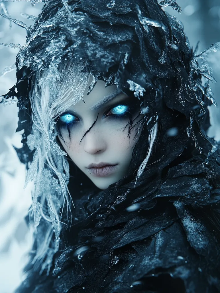 A captivating portrait showcases a woman, seemingly a mystical ice queen, enveloped in a dark, textured cloak adorned with icy formations. Her pale face, accented by striking blue eyes and dark markings, exudes a chilling beauty.  Her long, white hair, also frosted with ice, frames her face. The background hints at a snowy, wintry landscape, enhancing the ethereal, otherworldly atmosphere of the image.  The overall effect is one of captivating mystique and winter magic.