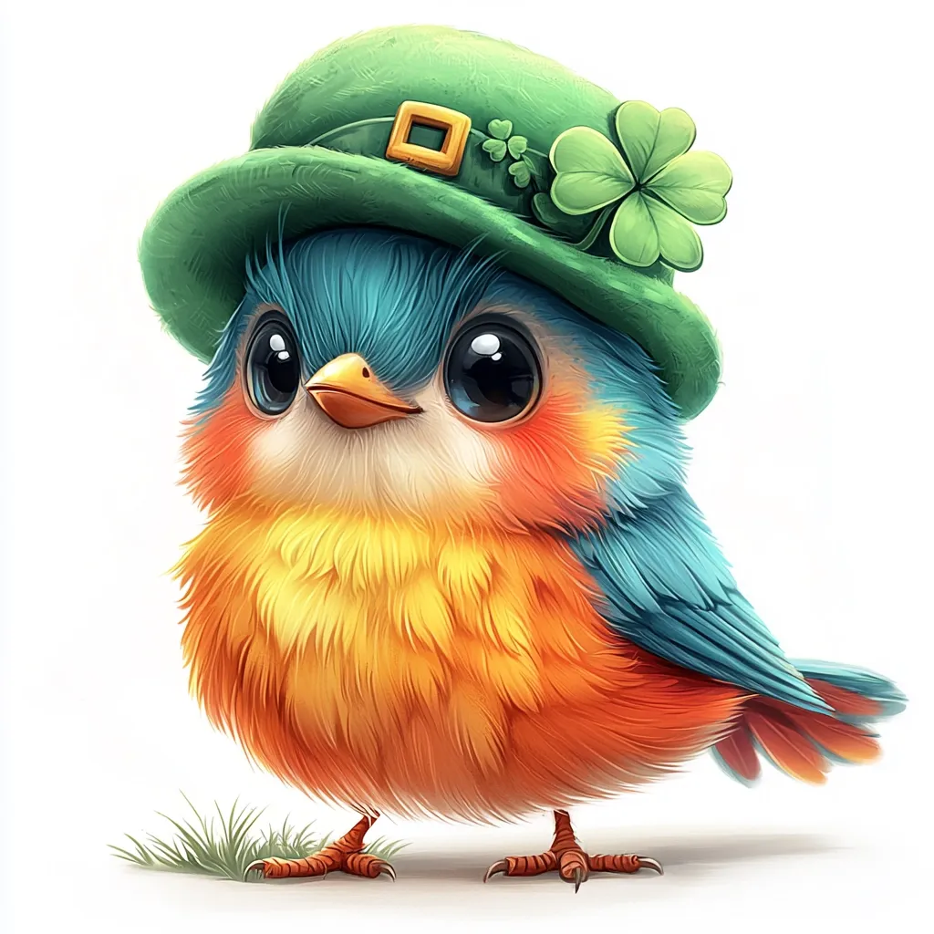 Here's a description of the image:

The illustration shows a charming, cartoonish bird, predominantly orange and teal, with large, expressive eyes. It's wearing a miniature green leprechaun hat adorned with a shamrock, suggesting a St. Patrick's Day theme. The bird's fluffy plumage is meticulously detailed, giving it a soft and cuddly appearance. It stands on a small patch of grass against a clean white background, enhancing its vibrancy. The overall style is cute and whimsical.