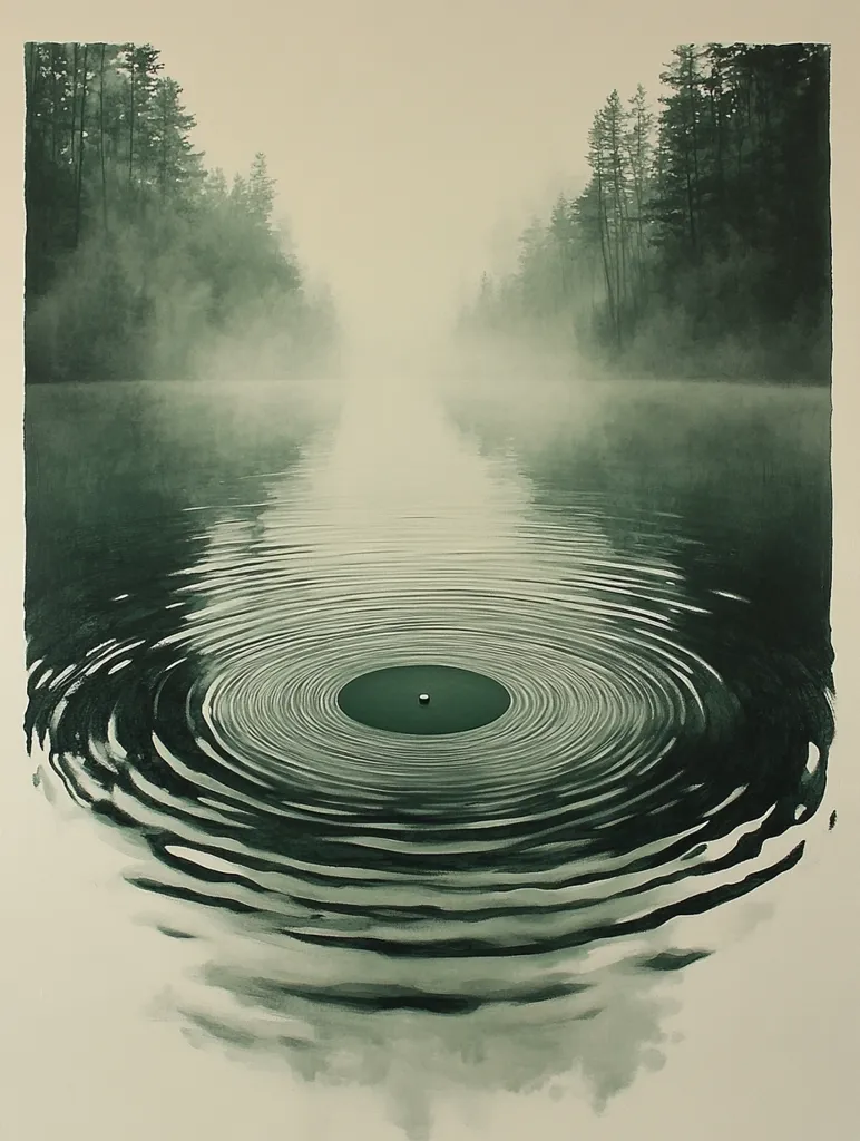 Here is a description of the image:

The image is a serene, monochromatic artwork depicting a calm body of water.  Dark green tones dominate, creating a misty, ethereal atmosphere.  Tall evergreens line the banks of the lake, their forms softened by the fog. The central focus is a series of concentric ripples on the water's surface, strikingly resembling a vinyl record. A small, dark dot sits in the record's center.  The overall effect is one of quietude and contemplation, suggesting a stillness broken only by the gentle disturbance in the water.