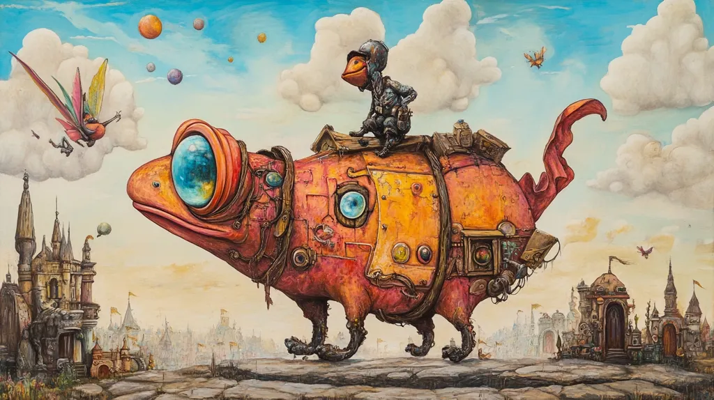 A whimsical painting depicts a fantastical, steampunk-inspired frog-like creature, its body a patchwork of rusty orange and yellow metal, carrying a small, helmeted figure on its back.  They traverse a landscape dotted with fairytale castles under a vibrant sky filled with floating colorful orbs.  A winged, humanoid creature flies nearby, adding to the surreal and dreamlike quality of the scene.  The overall style is imaginative and detailed, blending elements of fantasy and mechanical engineering.