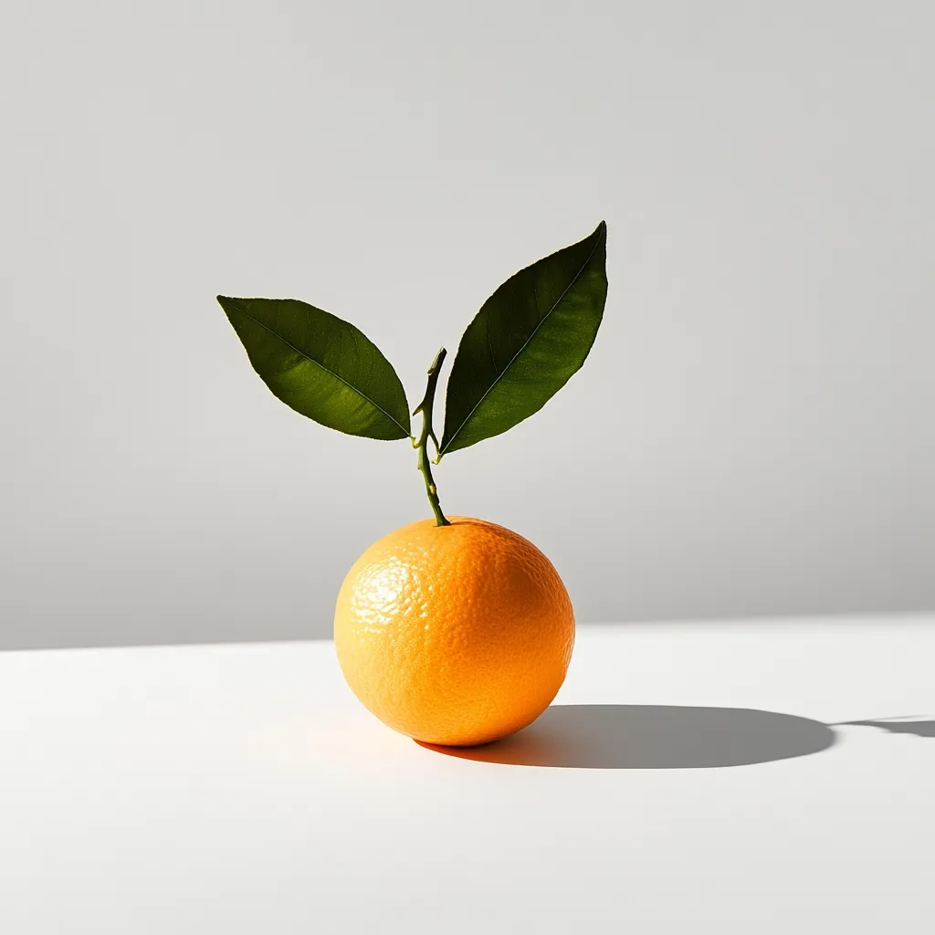 Here's a description of the image:

A single, bright orange rests on a stark white surface, illuminated by soft, natural light.  Two vibrant green leaves sprout from the top of the orange, still attached to a small stem. The scene is minimalist, with a clean background and a subtle shadow cast by the fruit.  The overall impression is one of freshness and simplicity.