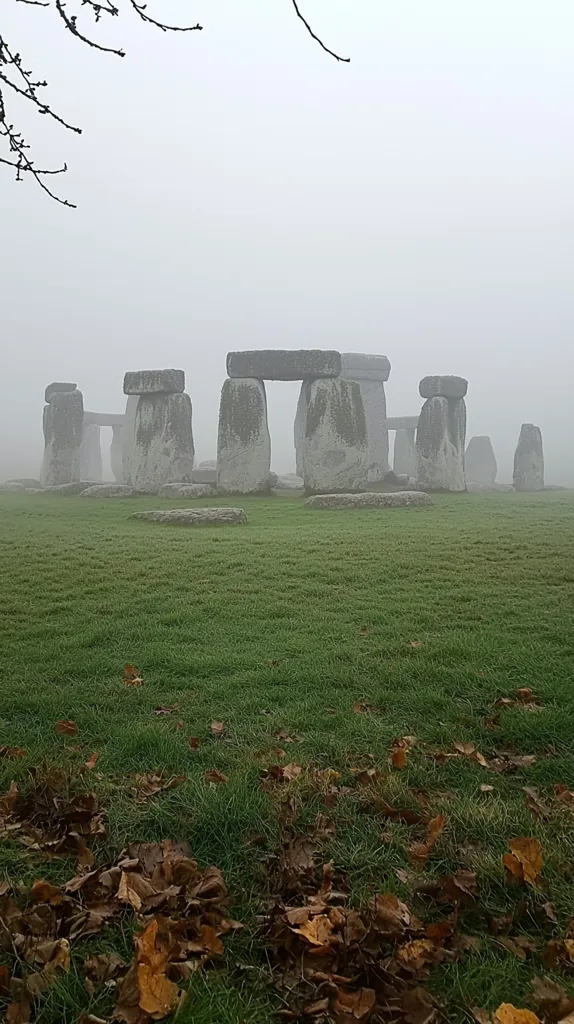 Here's a description of the image:

Stonehenge stands shrouded in a thick fog, its ancient stones barely visible through the misty air.  The foreground displays a short-cropped, green lawn scattered with fallen brown leaves, hinting at autumn.  A dark, bare branch from a tree extends into the upper left corner, adding a touch of contrast to the pale, muted scene.  The overall atmosphere is serene and mysterious, emphasizing the timeless quality of the monument.