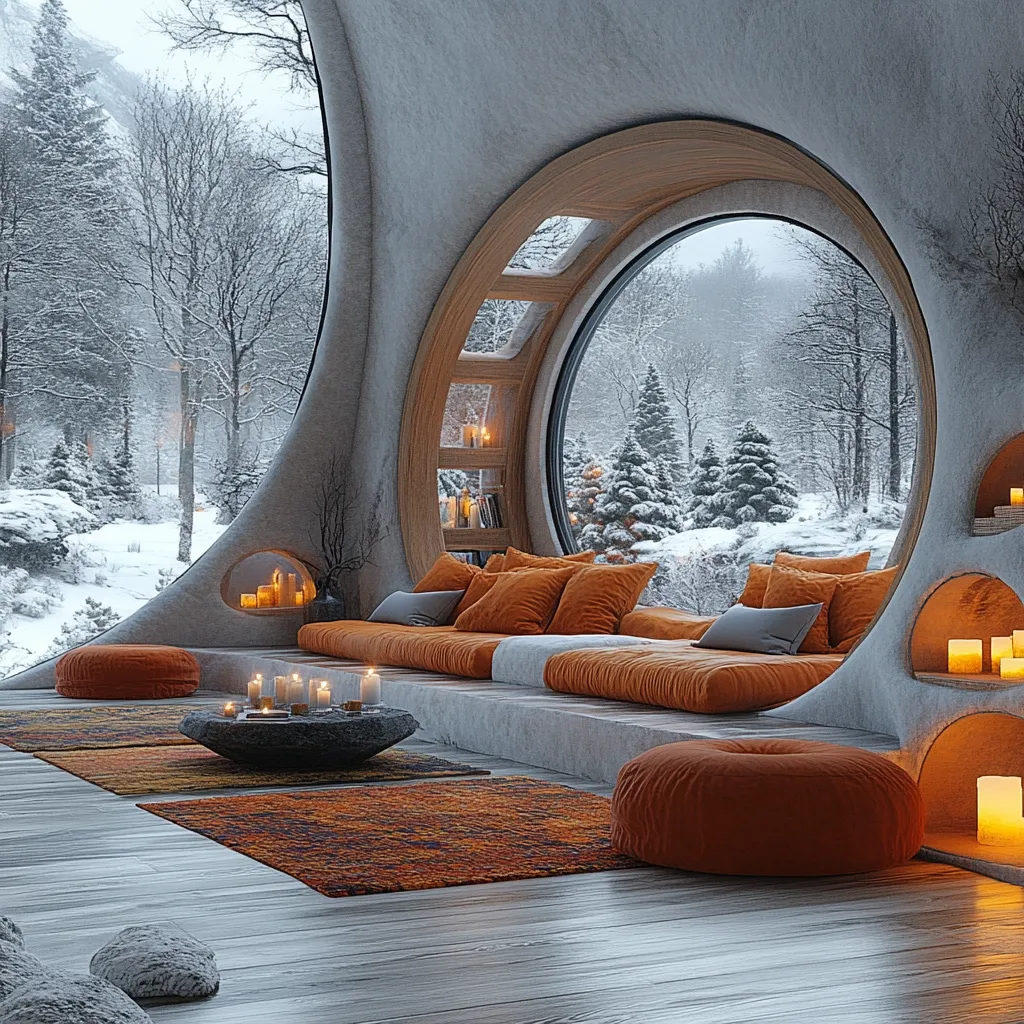 Here's a description of the image:

The image showcases a cozy, modern living space nestled within a unique, curved structure.  A large, circular window dominates one wall, offering a breathtaking view of a snow-covered winter forest.  The room features a built-in, low-slung seating area upholstered in burnt orange, complemented by orange floor cushions and rugs.  Numerous lit candles create a warm, inviting ambiance, scattered on a low stone table and within recessed niches in the walls.  The overall aesthetic is one of minimalist luxury and serene winter comfort.