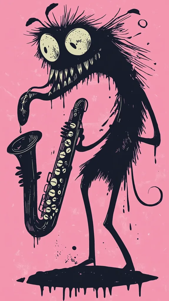 Here's a description of the image:

The illustration depicts a whimsical, grotesque creature playing a saxophone. The creature is black, with spiky, shaggy hair, large, expressive eyes, and a wide, toothy grin.  Its body is elongated and somewhat spindly, with dripping black accents suggesting a viscous substance. It holds a large saxophone, also rendered in black with yellow-cream details, in a somewhat awkward but determined pose. The background is a light pink with a textured, slightly distressed look. The overall style is cartoonish but with a slightly unsettling, surreal quality. The image evokes a playful yet slightly macabre atmosphere.