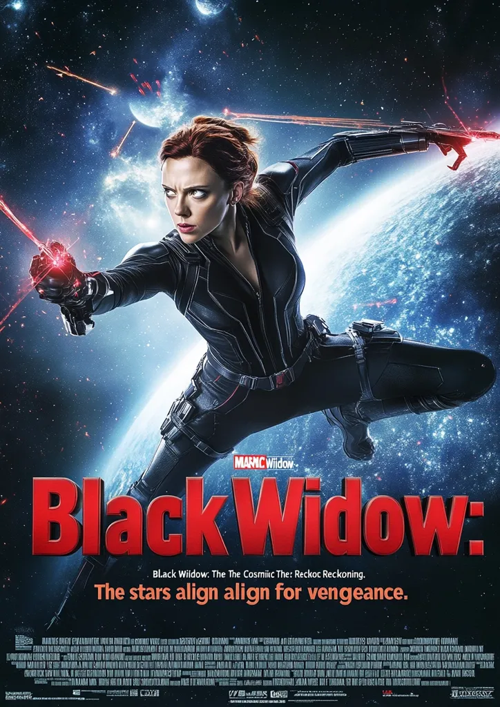 Here's a description of the image:

The poster for "Black Widow: The Cosmic Reckoning" features Scarlett Johansson as Black Widow in a dynamic pose, mid-air, wielding what appears to be energy weapons.  She's clad in her signature black suit against a backdrop of a nebula-filled space, planets, and red energy trails.  The title, "Black Widow," is prominently displayed in bold red lettering, along with the tagline, "The stars align for vengeance." The Marvel Studios logo is subtly included. The overall style is dark, action-packed, and visually stunning, creating anticipation for a cosmic-themed superhero film.