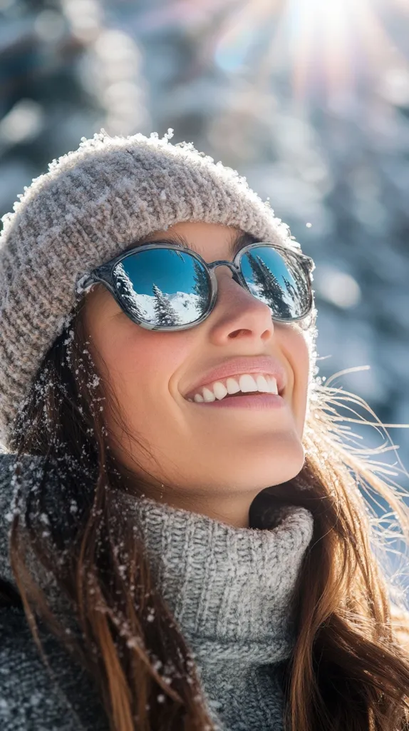 A young woman with long brown hair smiles warmly, her face illuminated by bright sunlight.  She wears a grey knit beanie dusted with snow, matching turtleneck sweater, and stylish blue mirrored sunglasses that reflect a snowy winter landscape.  Her expression is one of pure joy and contentment, suggesting a peaceful and idyllic winter scene.  Snowflakes delicately cling to her hair and clothes.