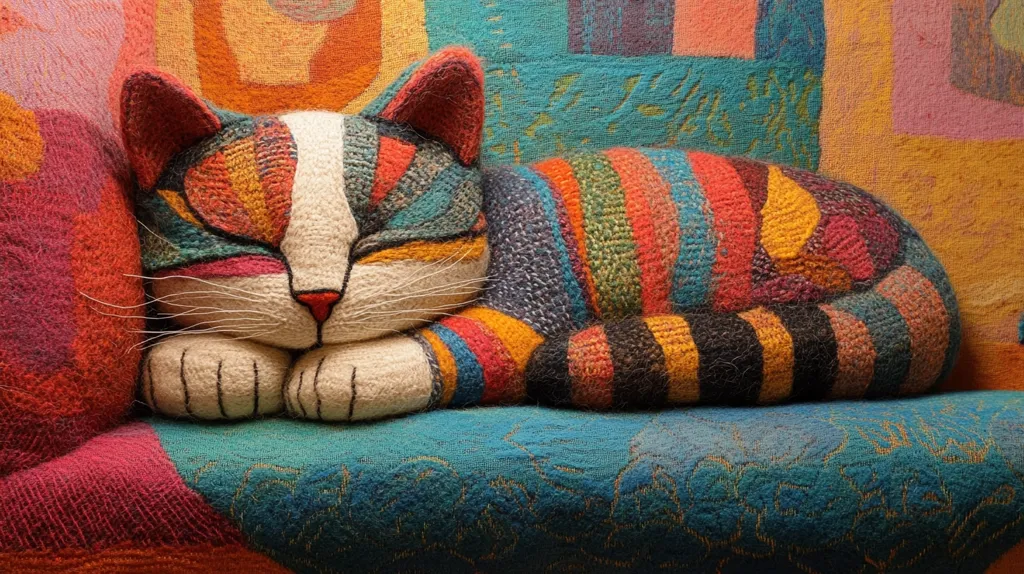 Here's a description of the image:

A vibrantly colored, felted cat sculpture rests on a similarly patterned, multicolored couch. The cat is depicted lying down, its head resting on its paws. The cat's fur is rendered in bold stripes of various hues including teal, orange, red, yellow and black, contrasted by a white face with carefully stitched facial features.  The couch fabric exhibits a patchwork design of geometric shapes and swirling patterns, creating a cohesive and whimsical textile artwork. The overall effect is playful and artistic.