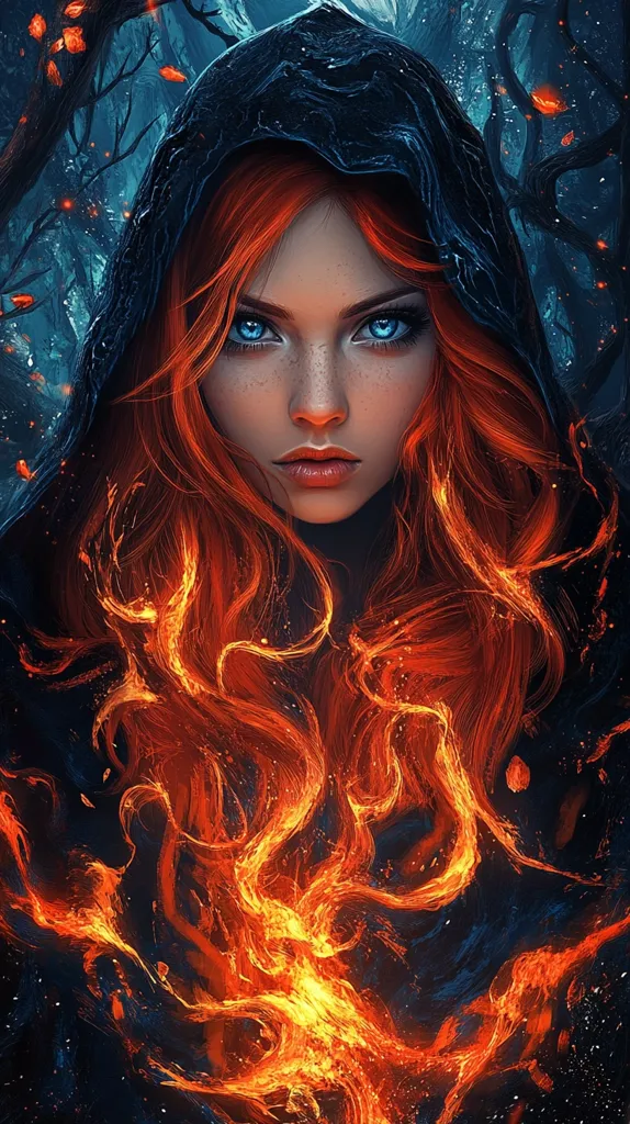 A digital painting depicts a young woman with vibrant red hair that seems to flow like flames.  She wears a dark, hooded cloak, adding to the mystical atmosphere. Her piercing blue eyes and freckled complexion contrast against her fiery locks. The background suggests a dark, shadowy forest with glowing embers, enhancing the ethereal, almost otherworldly, quality of the image. The overall style is fantasy-inspired, with a focus on dramatic lighting and intense color contrast.
