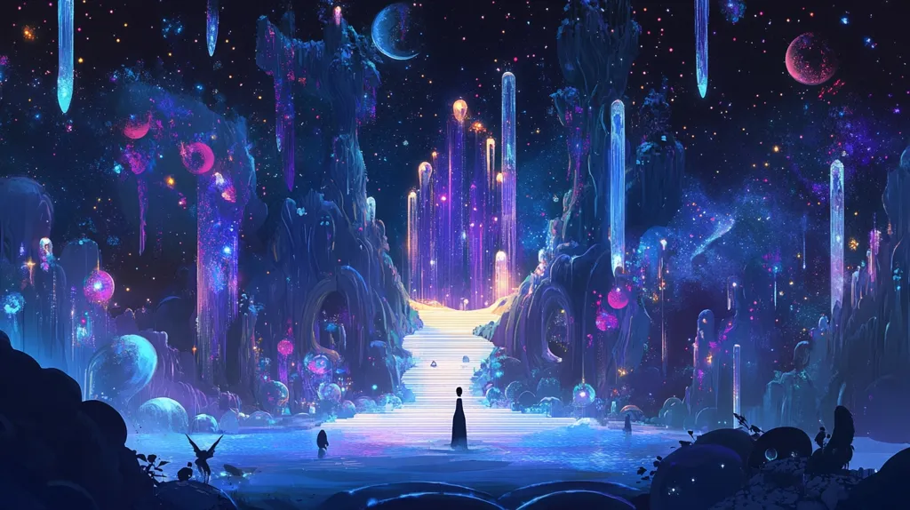 Here's a description of the image:

The artwork depicts a fantastical, otherworldly landscape bathed in vibrant blues, purples, and pinks. Glowing, crystalline structures rise from a luminous body of water, resembling a grand staircase leading to a celestial gateway.  Floating orbs of light and shooting stars fill the night sky, which is studded with distant planets.  Tiny figures are scattered throughout the scene, adding to the sense of scale and wonder. The overall effect is one of breathtaking beauty and magical serenity.