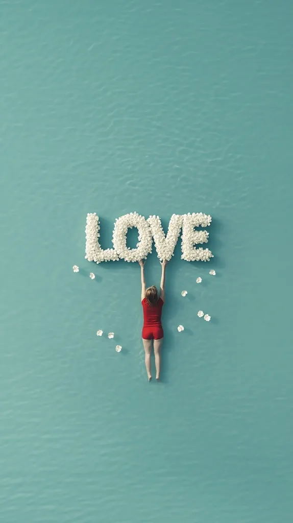 Here's a description of the image:

An overhead shot depicts a woman in a red swimsuit floating in calm, teal water.  She's holding up the word "LOVE," formed from white flowers, above her.  A few additional white flowers are scattered in the water around her.  The overall aesthetic is serene and romantic, suggesting themes of love, peace, and connection with nature. The simplicity of the scene and the vibrant color contrast contribute to its artistic appeal.