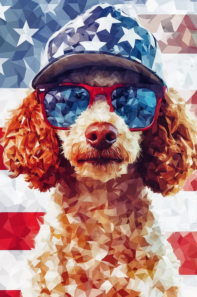 Here's a description of the image:

The image is a stylized portrait of a brown and white poodle. The dog is wearing a red-framed pair of sunglasses and a baseball cap decorated with an American flag pattern.  The entire image is rendered in a low-poly geometric style, creating a mosaic-like effect. The background also features a low-poly representation of the American flag, subtly connecting the dog's attire to the patriotic theme. The overall effect is vibrant and playful.