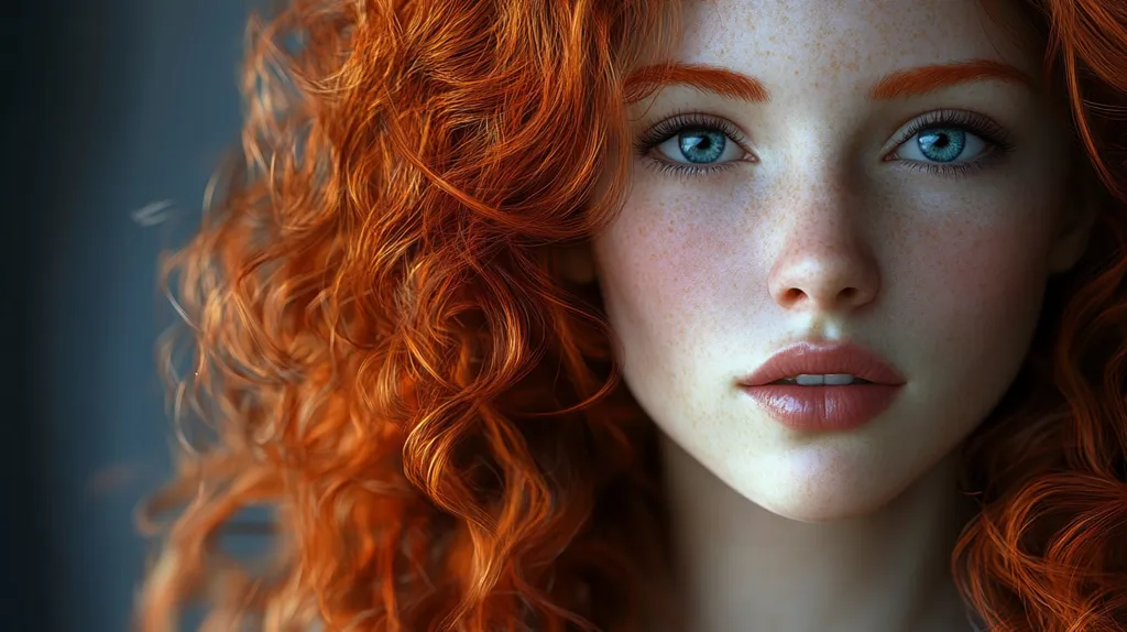 Here's a description of the image:

Close-up portrait of a young woman with vibrant, curly, red hair that cascades around her face.  She possesses fair skin adorned with freckles, and striking blue eyes that gaze directly at the viewer. Her lips are full and softly colored. The lighting is soft and slightly moody, enhancing the texture of her hair and skin. The overall impression is one of beauty and ethereal charm.