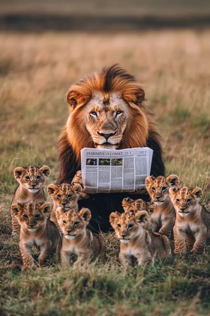 A majestic male lion with a full mane sits amidst a group of seven lion cubs in tall grass. He holds a newspaper, creating a humorous juxtaposition of wild animal and human activity. The cubs are attentively clustered around him, their tawny fur contrasting with the golden light. The scene is peaceful, yet the lion's serious gaze hints at the wildness underlying the heartwarming image.  The setting suggests an African savanna.