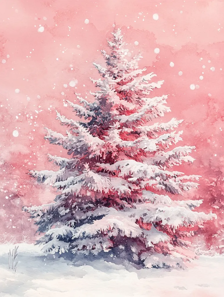 A watercolor painting depicts a snow-covered evergreen tree in a soft pink winter landscape.  The tree is centrally positioned, its branches laden with white snow, contrasting against the blush-toned sky.  Delicate snowflakes fall gently, creating a serene and dreamlike atmosphere. The overall style is soft and romantic, evoking a feeling of peaceful winter solitude.