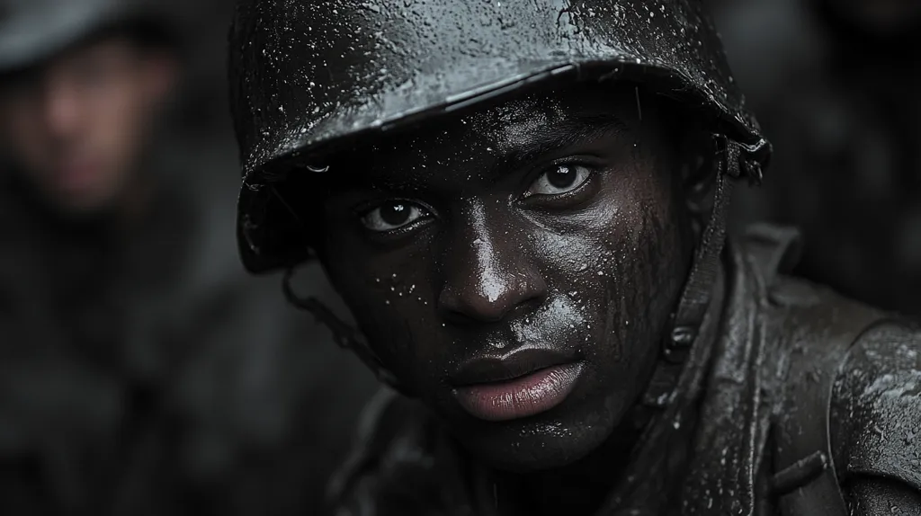 Close-up of a young, dark-skinned soldier's face, drenched in rain or sweat.  His helmet is also wet, and mud or grime covers his skin. The focus is sharp on his intense gaze, conveying weariness and determination.  A blurred figure of another soldier is visible in the background, adding to the sense of a combat or training environment. The overall monochrome palette enhances the mood of hardship and resilience.