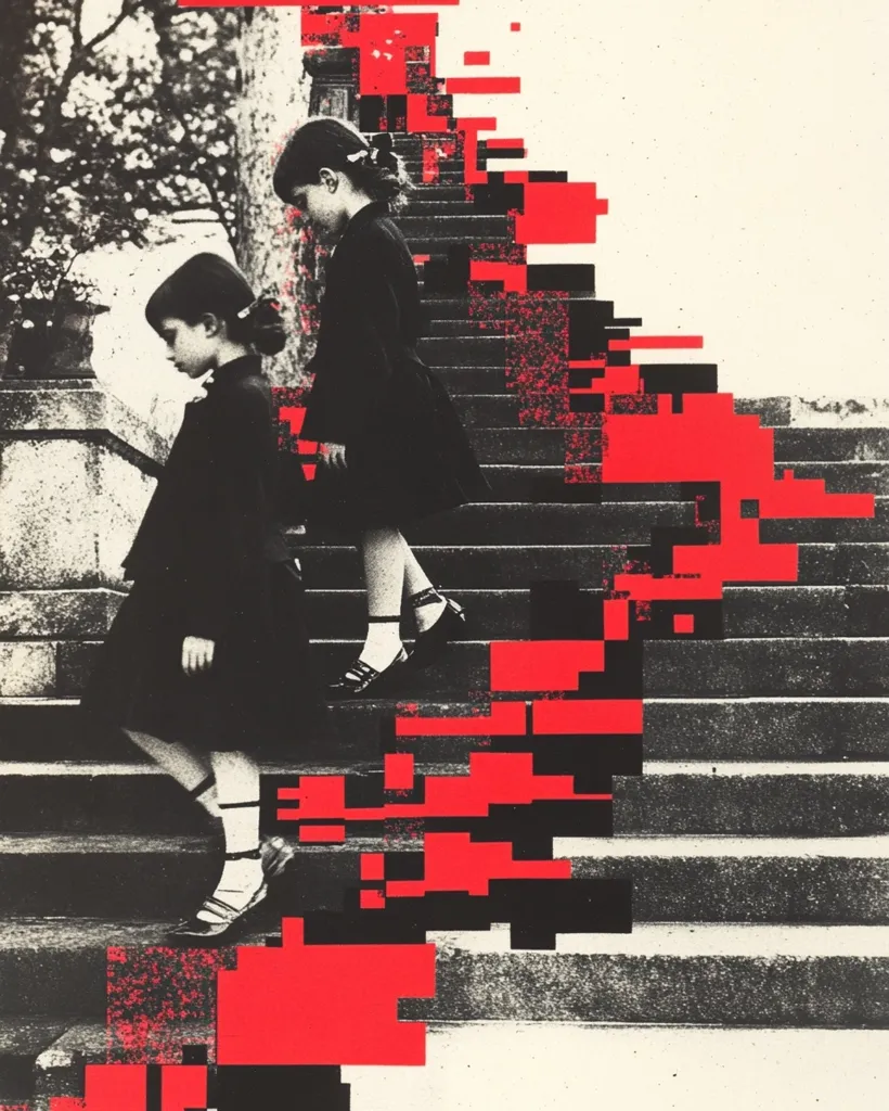 Here's a description of the image:

The image is a stylized collage featuring two young girls in dark dresses and hats descending a stone staircase.  The girls are depicted in a black and white photographic style, while the staircase is overlaid with a vibrant, fragmented pattern of red and black pixelated blocks, suggesting a digital or glitch effect.  The contrast between the classic photographic elements and the modern, disruptive digital overlay creates a visually arresting juxtaposition. The overall mood is somewhat melancholic yet striking.