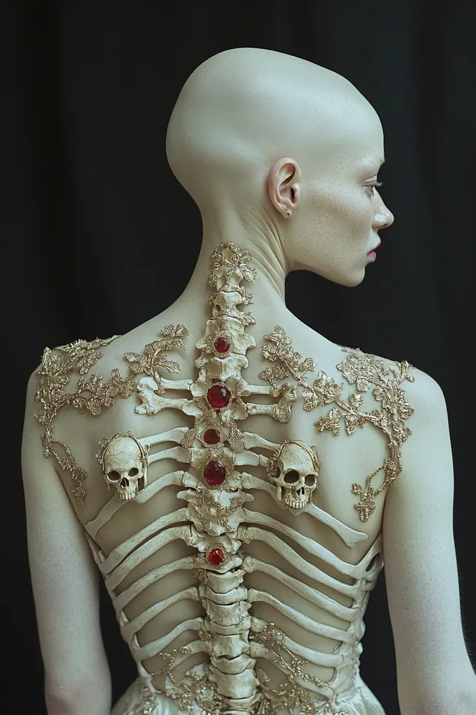 The image shows a bald woman from behind, her back adorned with an intricately designed corset.  The corset features a realistic ribcage structure, interspersed with gold leaf detailing resembling delicate floral patterns.  Small, dark red jewels punctuate the spine.  Small skull motifs are positioned symmetrically on either side of the ribcage. The overall aesthetic is a striking blend of elegance and macabre, juxtaposing delicate beauty with skeletal imagery.  The dark background accentuates the pale skin and ornate design.