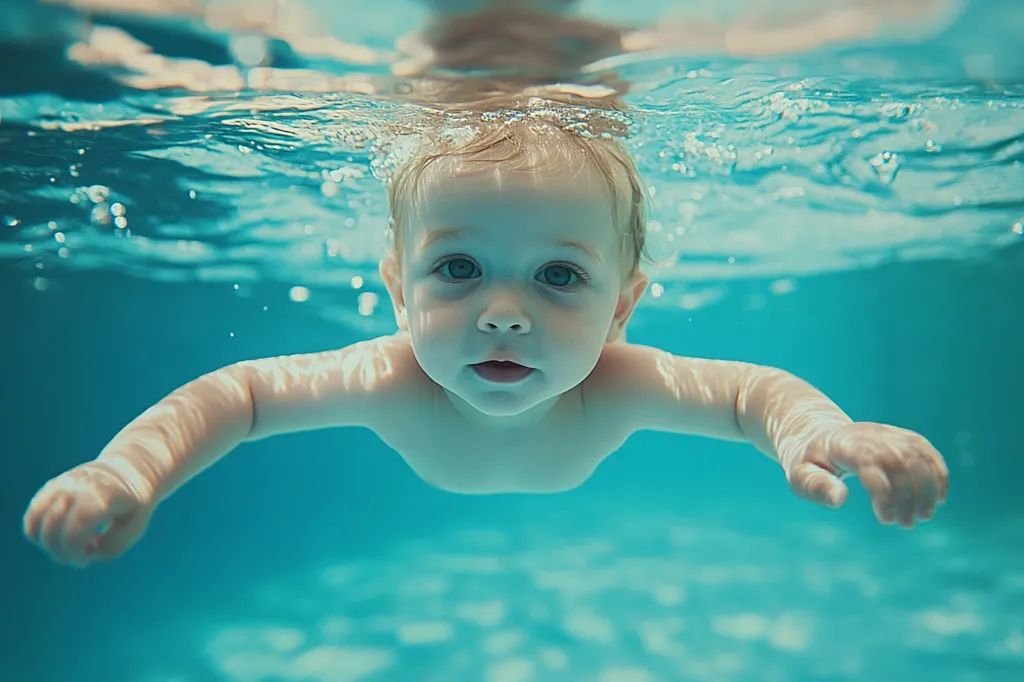Here's a description of the image:

An underwater, close-up shot captures a baby swimming in a turquoise pool.  The infant's face is centered, its expression serene, gazing directly at the camera.  Bubbles surround the baby, and sunlight filters through the water, illuminating the scene. The baby's arms are outstretched, suggesting a natural swimming motion. The overall image is peaceful and evokes a sense of tranquility and the joy of early childhood development.