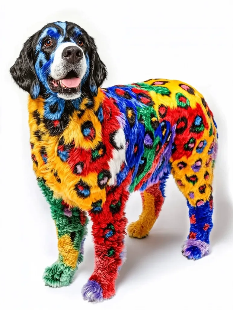 A black and white dog is creatively adorned in a vibrant, multicolored coat.  The fur is dyed in a bold, abstract pattern featuring splashes of red, yellow, blue, green, and purple, resembling a playful, artistic leopard print.  The dog stands on a white background, its happy expression contrasting with its striking, non-natural coat. The overall effect is a whimsical and cheerful image.