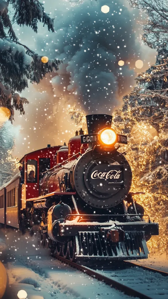 A vintage steam train, adorned with a Coca-Cola logo, chugs through a snowy winter wonderland.  Snow falls gently as the train's headlight illuminates the path, casting a warm glow against the backdrop of snow-laden pine trees twinkling with fairy lights.  The scene evokes a nostalgic and magical Christmas atmosphere, filled with the warmth of the locomotive and the enchantment of a winter's night.  Smoke billows from the engine, adding to the picturesque scene.