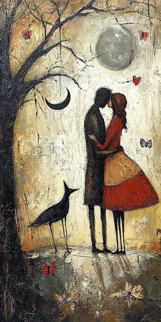 This evocative painting depicts a romantic scene under a large, pale moon and crescent moon. A couple embraces passionately, their figures rendered in a stylized, almost folk-art manner, dressed in muted earth tones with a splash of red. A solitary black bird stands nearby, adding to the mysterious atmosphere. The background features a gnarled tree and several small, red butterflies, suggesting a whimsical and slightly melancholic mood.  The textured brushstrokes and muted color palette lend a dreamlike quality to the artwork.