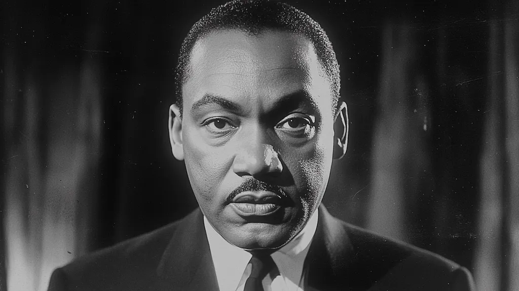 Here is a description of the image:

A black and white, close-up portrait of Martin Luther King Jr.  He is shown from the chest up, looking directly at the camera with a serious expression. His dark eyes are intense, and his thin mustache is neatly trimmed. He wears a dark suit and a collared shirt, with a portion of a tie visible. The background is dark and slightly out of focus, drawing attention to King's face. The photograph is high contrast and exhibits a classic style, possibly from the mid-20th century.
