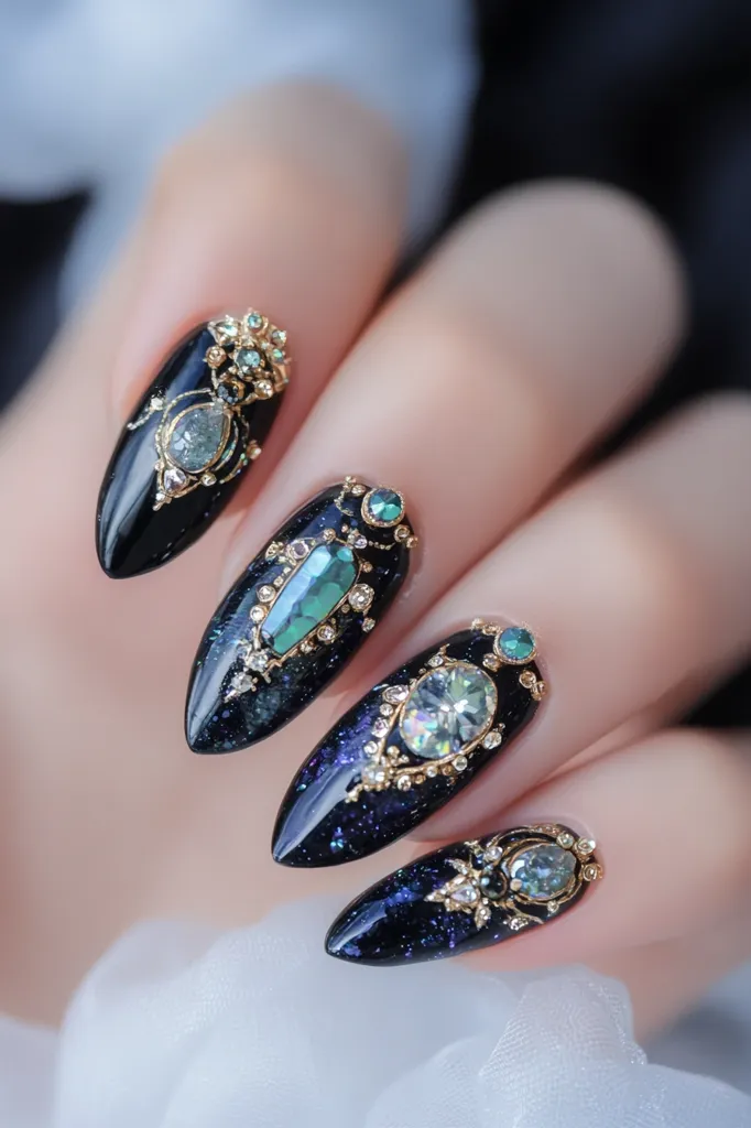Here's a description of the image:

Close-up view of a hand showcasing meticulously designed nail art.  Each long, pointed nail is painted a dark, sparkly navy blue and adorned with intricate gold filigree detailing.  The filigree incorporates various-sized gemstones in shades of teal and clear, giving the nails an opulent, jewel-encrusted look reminiscent of antique jewelry.  The overall effect is dark, glamorous, and luxurious. The hand rests on a soft, white fabric.