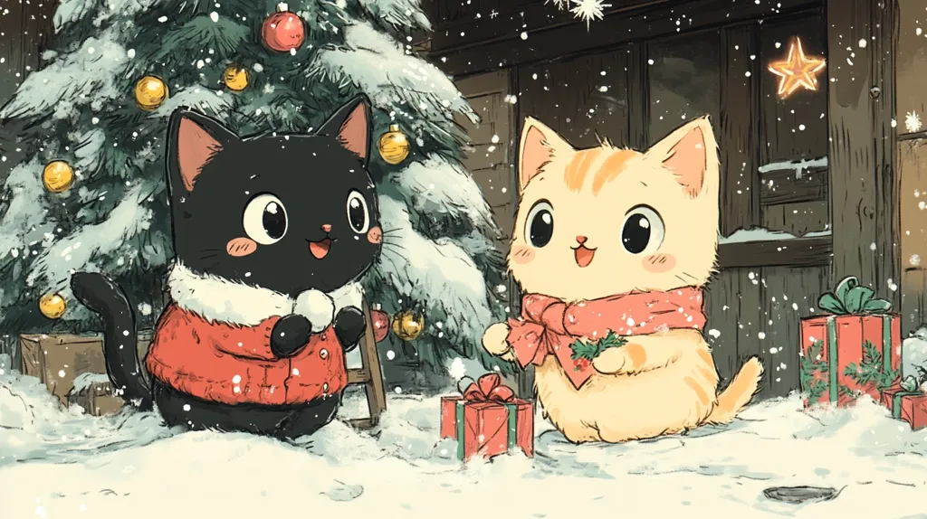 A charming illustration depicts two adorable cartoon cats in a snowy Christmas scene.  A black cat, wearing a red jacket, stands near a snow-covered Christmas tree adorned with ornaments. A light orange cat, sporting a pink scarf, holds a sprig of holly near a red gift box.  Snow gently falls, creating a festive atmosphere.  Both cats have large, expressive eyes and cheerful expressions, adding to the heartwarming holiday image. Presents are scattered on the snowy ground, enhancing the Christmas ambiance.