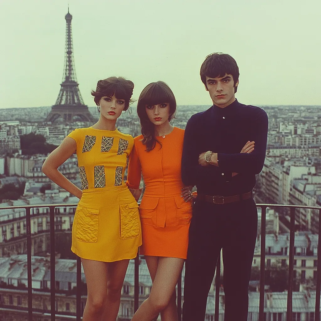 Here's a description of the image:

The photograph captures three stylish individuals posing on a balcony overlooking the Parisian cityscape, with the Eiffel Tower prominently in the background. Two women in vibrant 60s-style mini-dresses—one in sunshine yellow, the other in a bold orange—stand next to a man in a dark navy button-down shirt and trousers.  The women's dresses feature distinctive details, suggesting a mod aesthetic. The overall mood is one of chic sophistication and timeless cool, capturing the energy of a specific era.