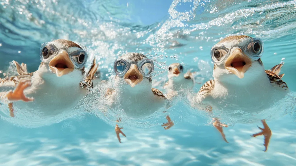 Here's a description of the image:

An underwater close-up captures three adorable birds, seemingly young, sporting miniature swimming goggles.  They are swimming in clear, turquoise water, with bubbles surrounding them. Their open beaks and expressive eyes create a playful and comical effect.  The background is a blurry depiction of more water, with a hint of another bird visible behind the central trio.  The overall tone is lighthearted and whimsical.