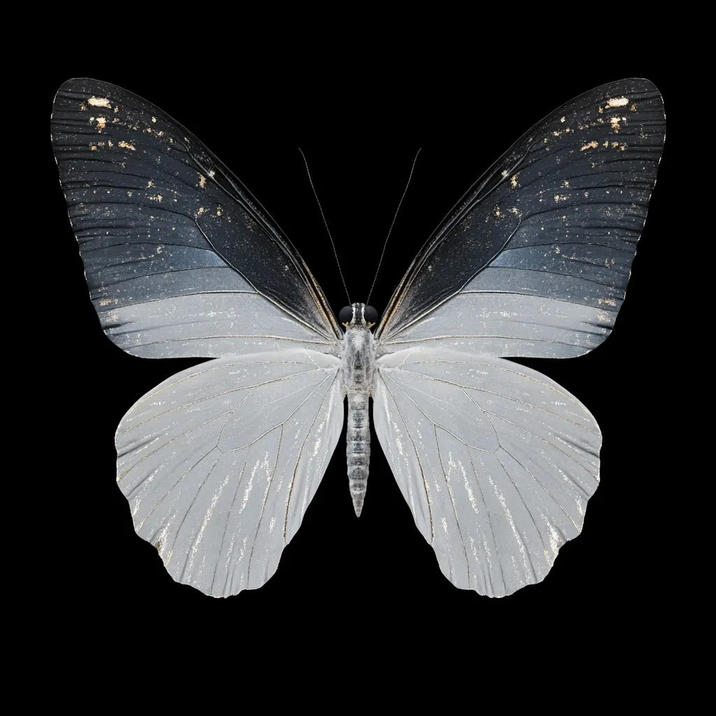 Here's a description of the image:

The image shows a large butterfly, isolated against a pure black background. Its wings are predominantly a silvery-grey, with darker grey-black sections at the top, near the body.  These darker sections have a subtle speckled texture, possibly suggesting dust or age. The butterfly's body is a darker grey, contrasting with the lighter wings.  The overall effect is one of elegant monochrome beauty, highlighting the delicate wing structure and subtle variations in shade.