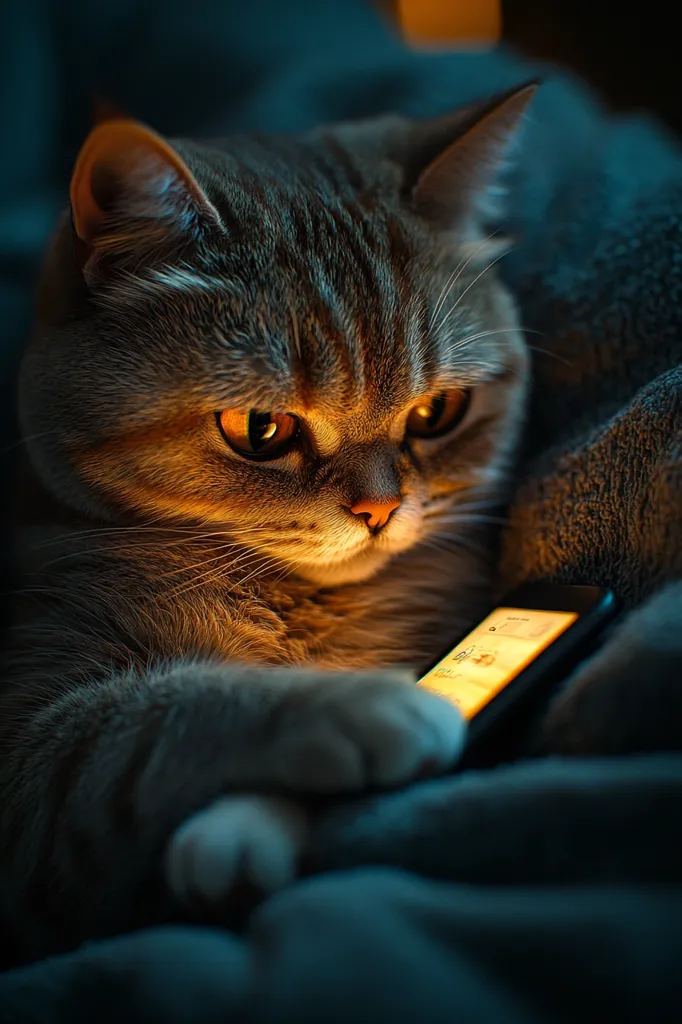 A grey tabby cat, nestled in a dark blue blanket, intently gazes at a smartphone held gently in its paws. The soft glow from the screen illuminates the cat's face, highlighting its intense amber eyes and serious expression.  The low-light setting creates a cozy, intimate atmosphere, suggesting a moment of quiet contemplation or perhaps even feline internet browsing. The image's focus is sharply on the cat and phone, while the background softly blurs.